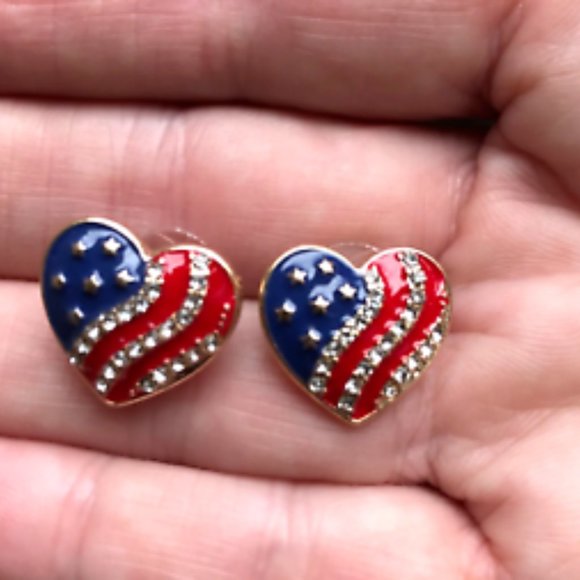 Hand Crafted Jewelry - American Flag Earrings Posts Heart Shaped Labor Day July 4th Veterans Memorial